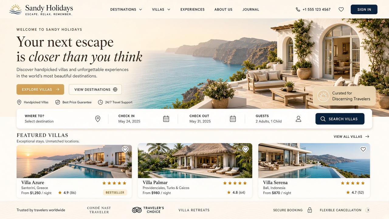 Example website concept 3 for sandyholidays.com — illustrative mockup only